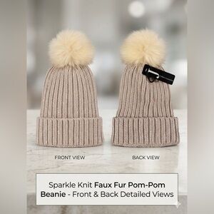 Beige Knit Beanie with Faux Fur Pom-Pom